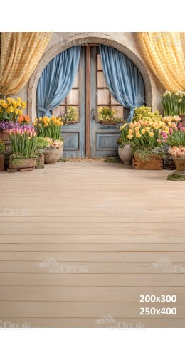 Tło fotograficzne „Wiosenne drzwi pod kamiennym łukiem z tulipanami” | E643